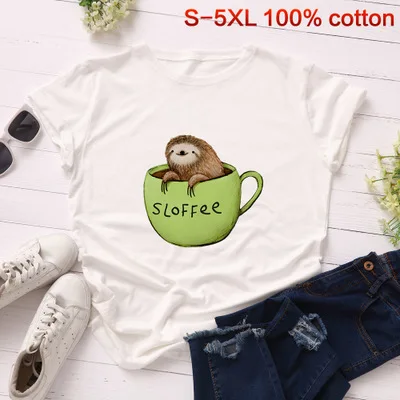 S-5XL, Милая женская футболка с рисунком Ленивца, хлопок, забавная футболка с круглым вырезом и короткими рукавами, мягкая женская футболка с рисунком животных - Цвет: off white