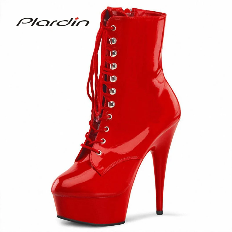 

Plardin Plus Size :35-46 PU Sexy 15CM High Heels 5CM Platform Metal Decoration Cross-tied knee-high Nightclub Dance Party Boots