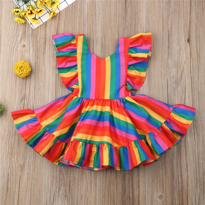 

2019 Summer Sleeveless Rainbow Striped Dresses Ruffle Princess Clothing Cotton Casual Clothes Toddler Kid Baby Girl Dress