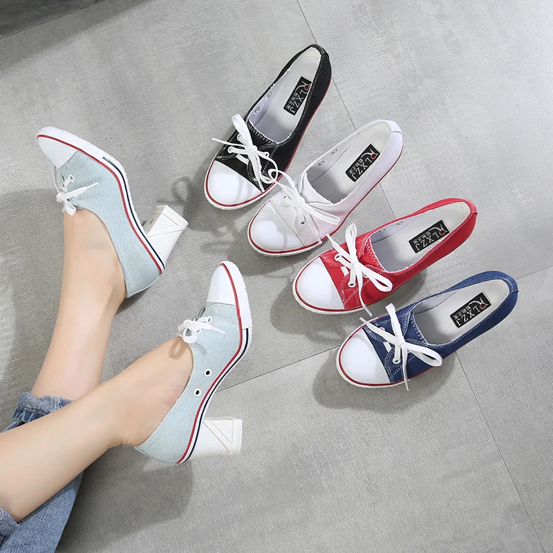 

2019 Pumps Denim High Quality Shallow Mouth Women's Shoes High Heel 8CM Canvas Student Shoes Women New Board shoes size 34-41