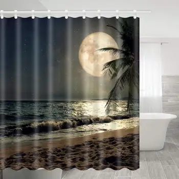 

Bath Room Fabric Shower Curtain Polyester with Shower Room Seaside Night View Decoration Oversized Moon