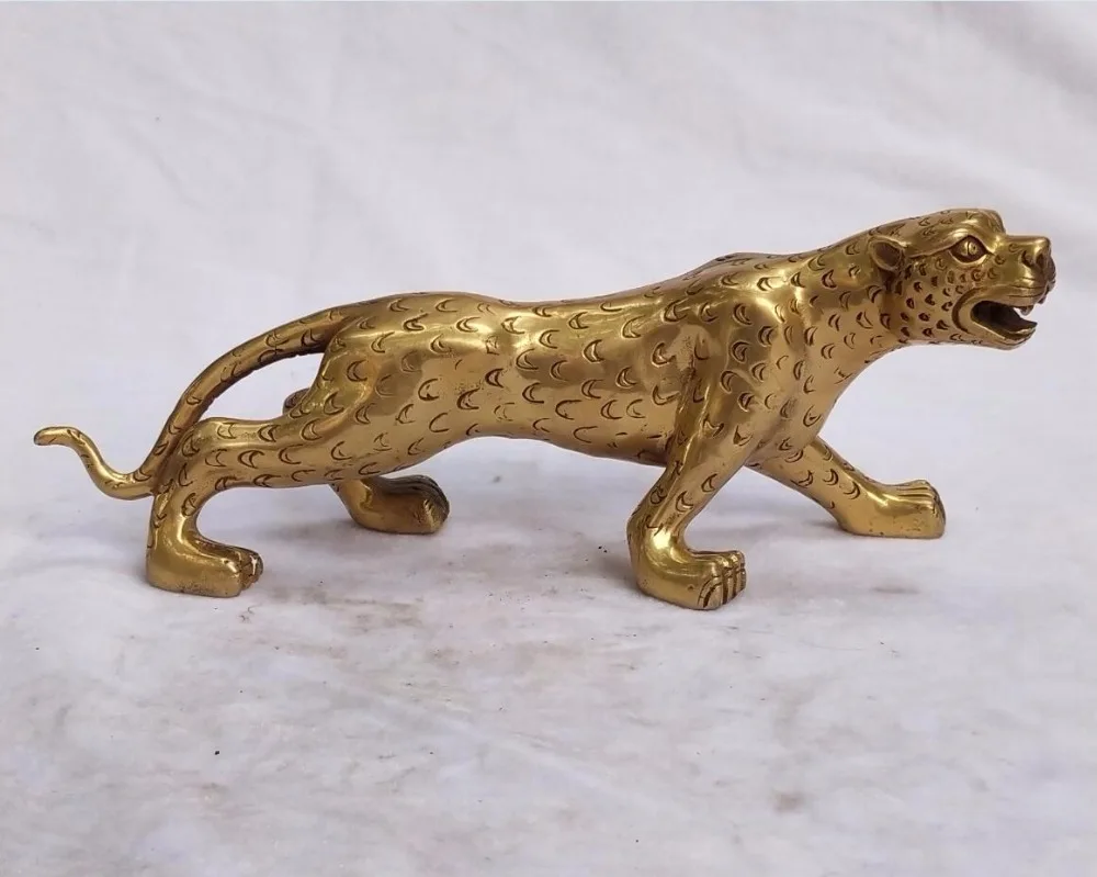

Long 26 CM /10INCH Collection Chinese Brass carved leopard Sculpture home decoration Metal animals statue