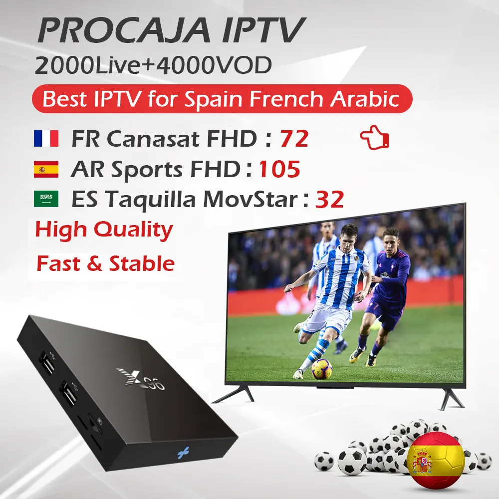 

Procaja IPTV Spain IPTV+X96 Andorid TV Box Amlogic S905X Quad Core 2G/16G 4K 2.4G Wifi HDMI 2.0 Smart Set Top Box French IPTV