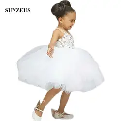 С v-образным вырезом Sheer Танк Белый Платье в цветочек для девочек по колено Пышное Бальное платье для первого причастия с аппликациями на