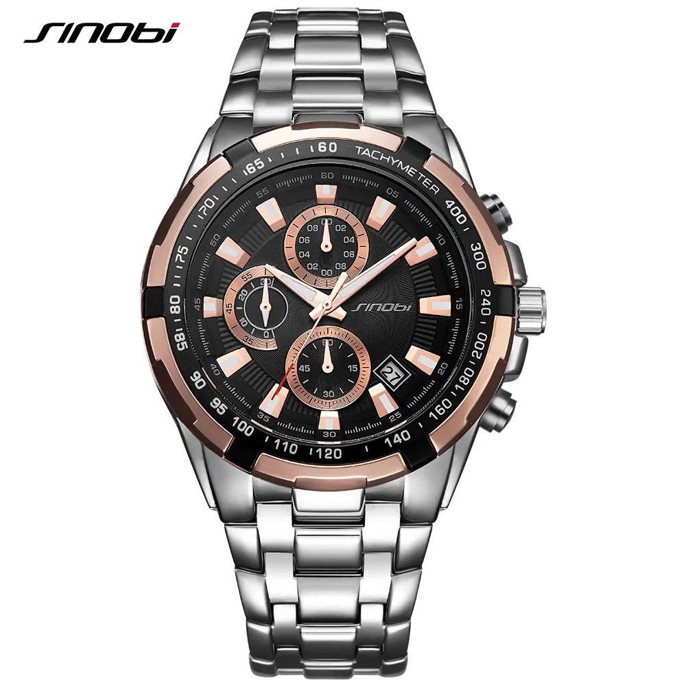 En Ligne Sinobi 9720 Hommes D affaires de New Gold Chronographe Montre Étanche En Acier Inoxydable Top Bande Quartz Montre de Sport Relogio Masculino