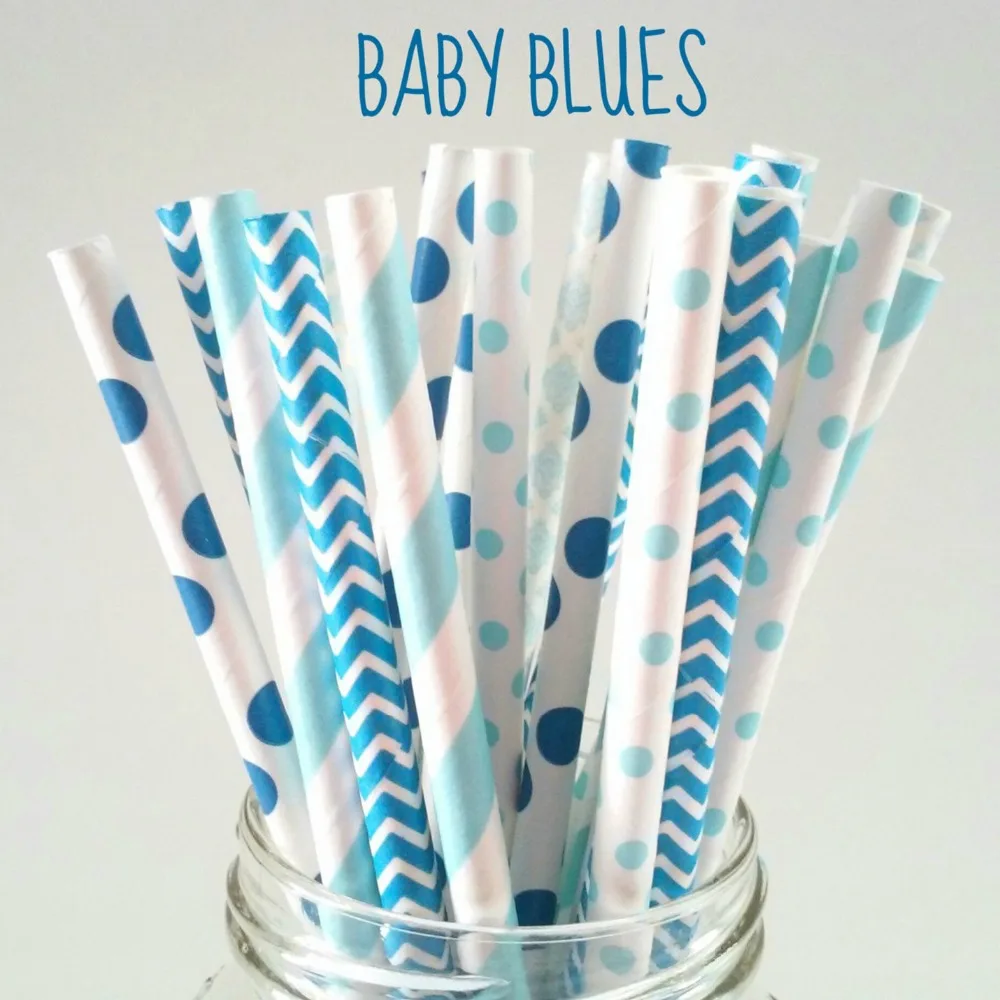 125pcs Mix Colors BABY BLUES Party Paper Straws Light Blue Damask Swiss Dot Striped Royal Chevron Polka Shower Birthday | Дом и сад