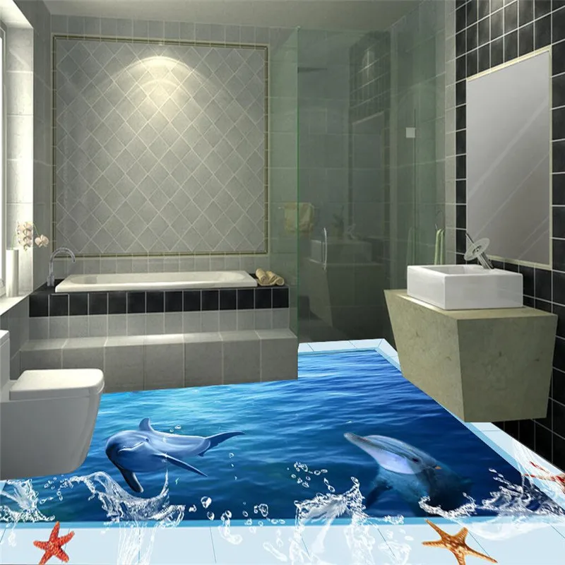 Modern Floor painting HD dolphin blue sea white border Waterproof Bathroom kitchen PVC Wall paper Self wall sticker Floor mural