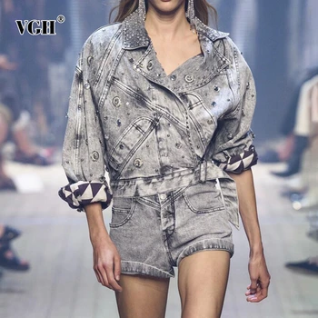 

VGH Autumn Streetwear Denim Coat For Women Lapel Collar Lantern Sleeve Loose Big Size Coats Female 2020 Fashion New Clothes