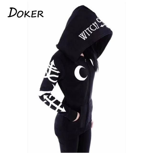 Women Hoodies Gothic Punk Moon Letter Print Sweatshirts 2020 Autumn Winter Long Sleeve Black Jacket Zipper