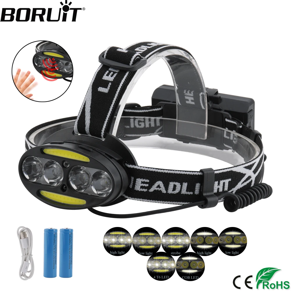 Best BORUiT XML T6 COB IR Sensor Headlamp USB Charger Body Motion Headlight Use 18650 Battery Head Torch Camping Hunting Flashlight
