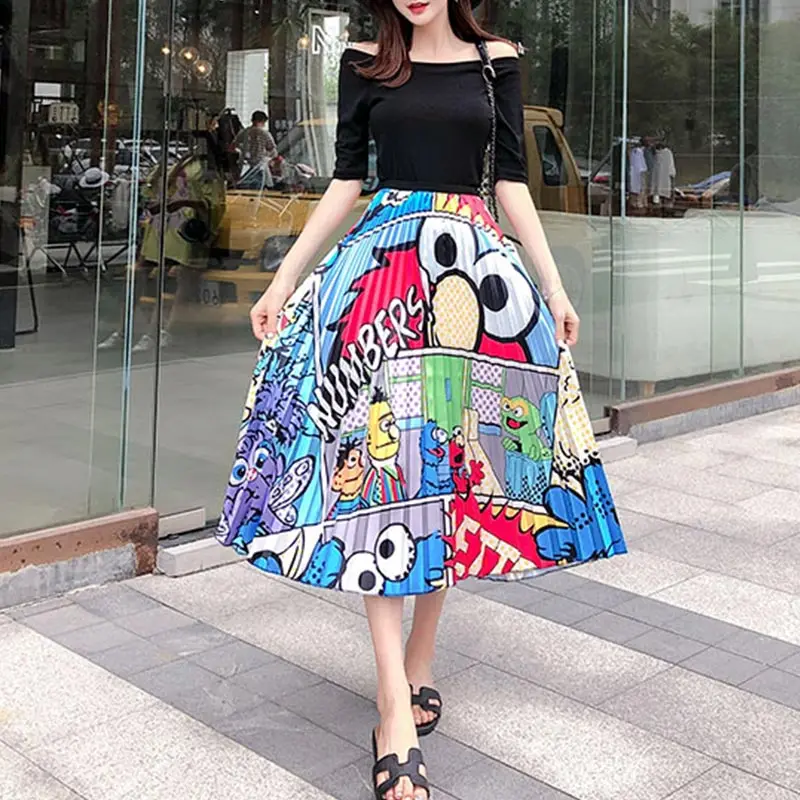 

A-line Cartoon Pleated Pattern Women Skirts Elastic High Waist Lady Midi Skirt 2019 Spring Summer Fashion Casual Female Bottoms