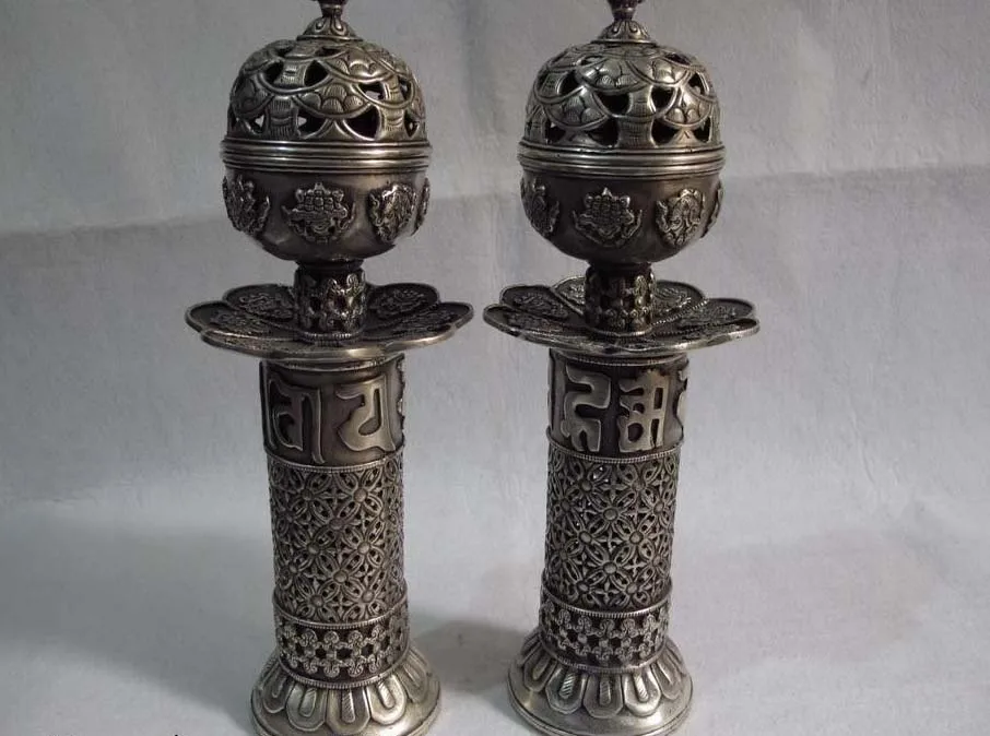 

Tibetan bronze silver-gilt lotus flower Eight treasure censer incense burner