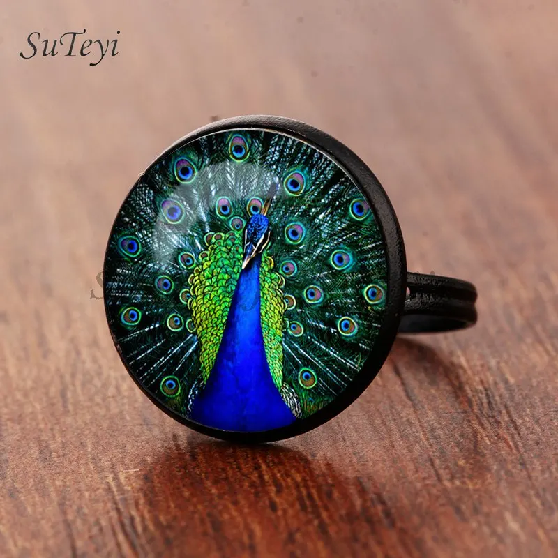 SUTEYI, новинка, кольцо из перьев павлина, абстрактные перья, ювелирное изделие в стиле АР-нуво, стекло, павлин, фото, регулируемые кольца для женщин - Цвет основного камня: black