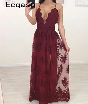 

Vintage Long Burgundy Prom Dresses A Line Sleeveless Lace Applique Slit Evening Formal Party Dress Vestido De Fiesta 2019