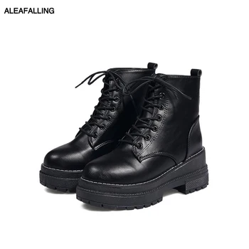 

Aleafalling Women Boots Flock 6cm High Heel Lace Up Softable Black Leather Lady Shoes Solid Outdoor Girl's Shoes 2Colors AWBT11