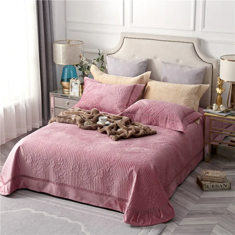 Dusty Pink Grey Warm Soft Bed Set Quilted Velet Diamond Bedspread