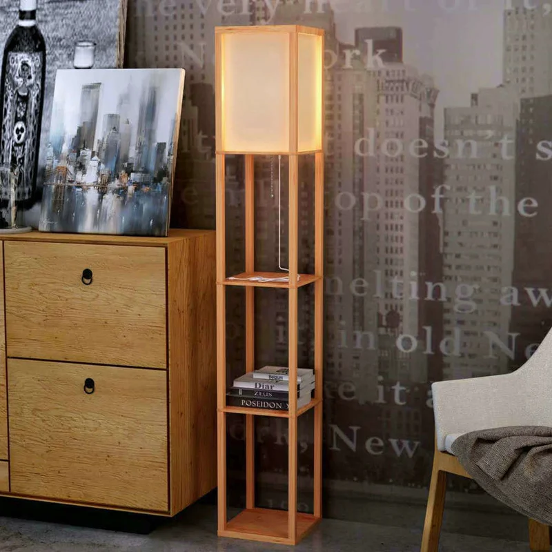 Decorativa de Madeira Luminária de Chão do Sotão Candeeiro de pé com Prateleira de Armazenamento de Mesa para Quartos Sala de Estar Modern Preto Branco Casa Led