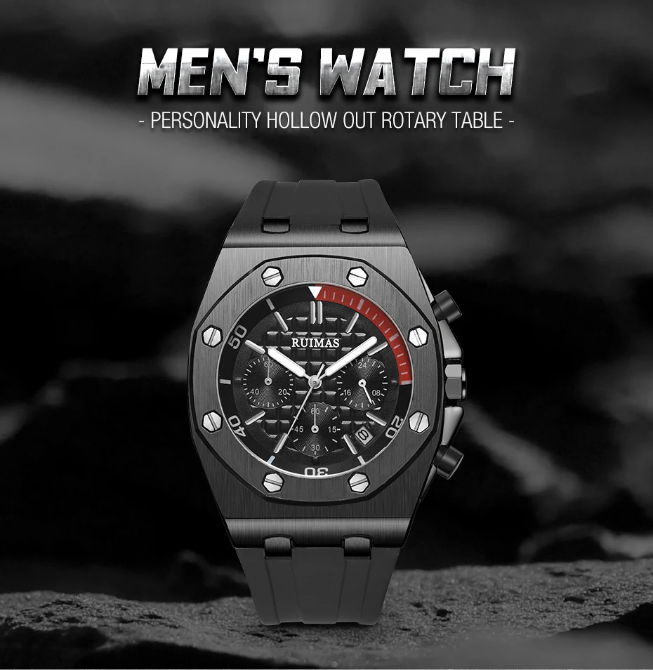 RUIMAS часы мужские Топ бренд класса люкс Хронограф наручные часы Relogios Masculino армейские спортивные кварцевые часы мужские часы 540 черный