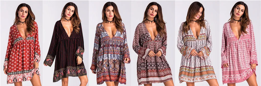 Autumn Sexy Deep V neck Beach dress For Women Boho Long Sleeve Printed Dress Women Beach Sundress Casual Women's Dresses Female (29)