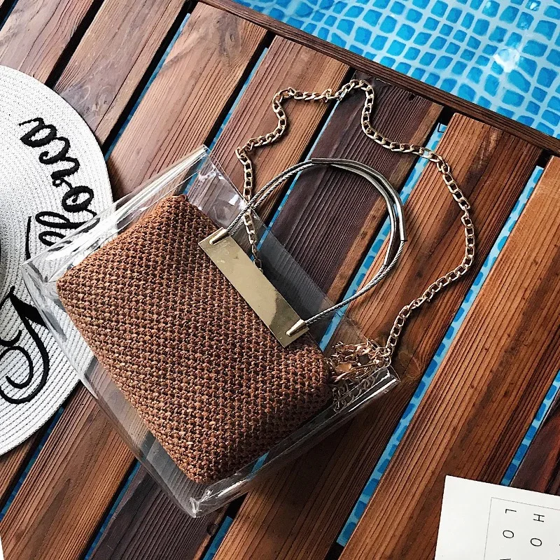 

Summer Beach Bag PVC Clear Transparent Bags Tote Bag Hologram Handbags Gold Chain Women Shoulder Bags Travel Composite Handags