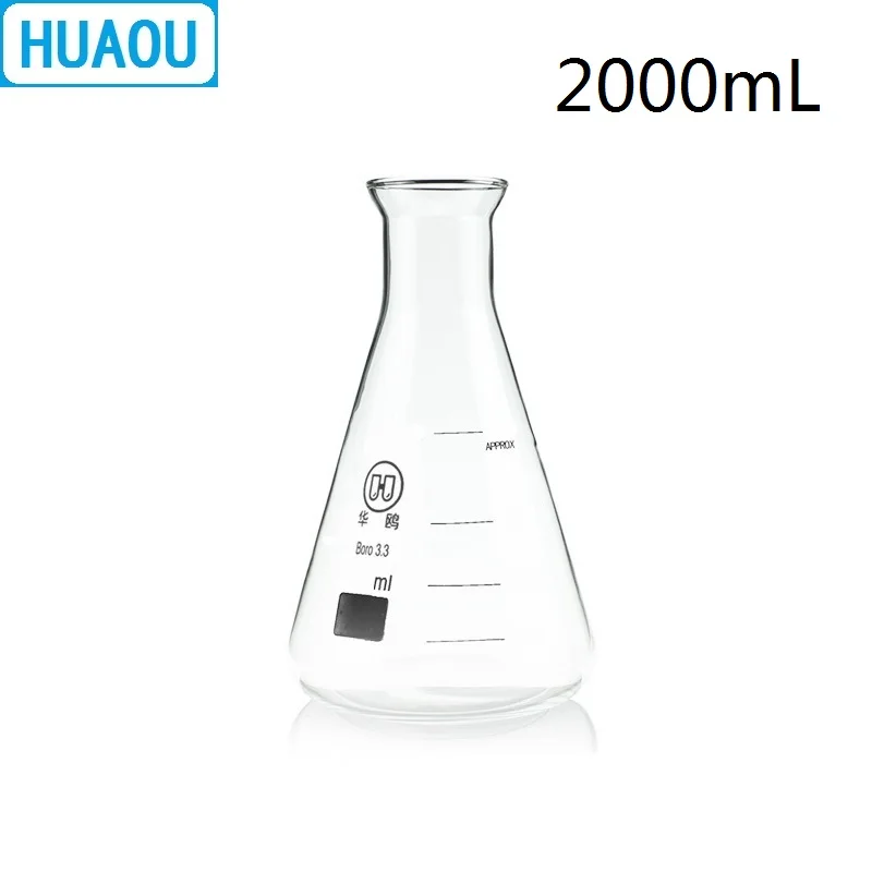 Huaou 2000ml Erlenmeyer Flask 2l Open Horn Bell Mouth Narrow Neck