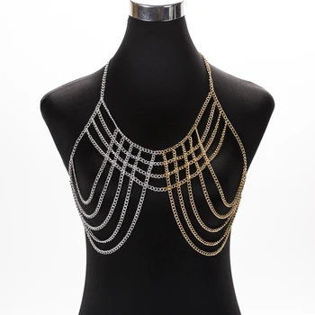 

Wholesale Body Chain Multilayered Sexy Bra Bikini Chain Neck Chocker Chain Gold Silver Color Two Tone Color Halter Jewelry Women