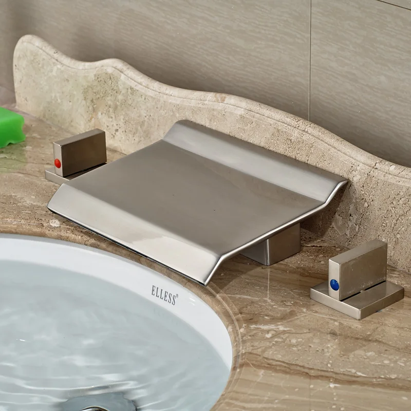 

Modern Bathroom Waterfall Spout Mixer Faucet Deck Mount 3 Holes Basin Faucet Brushed Nickel Finished