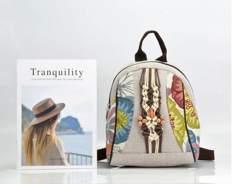 2021 New Retro Woman Backpack Female Shoulder Bag Pure Hand-woven Cotton Linen Small Rucksack Ancient Bag Student School Bags