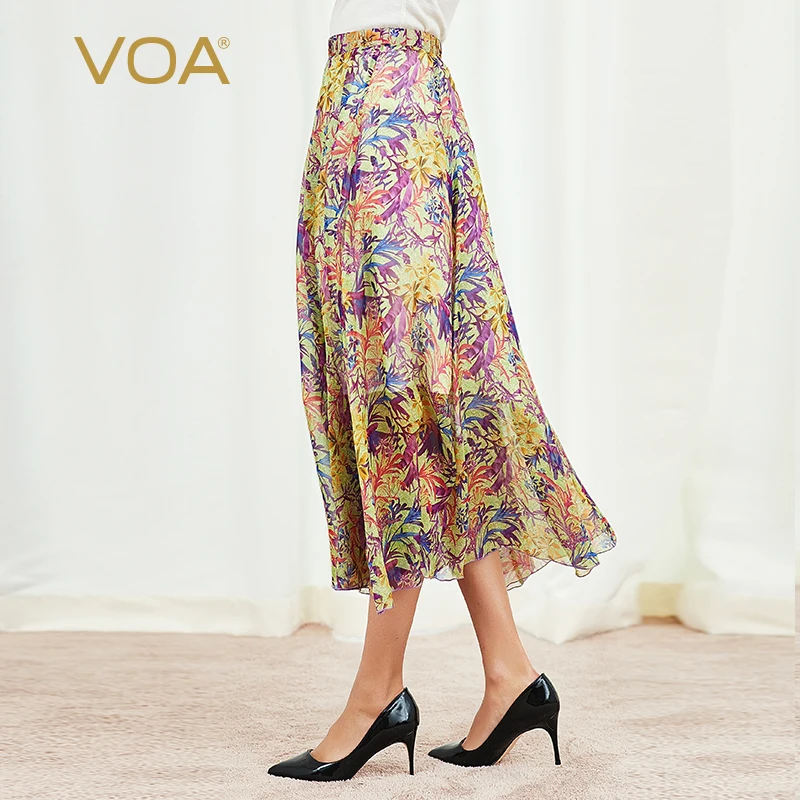 VOA, синяя шифоновая шелковая элегантная юбка в стиле бохо, высокое качество, удобная женская Асимметричная длинная юбка, Harajuku Mori Girl, осень, C309