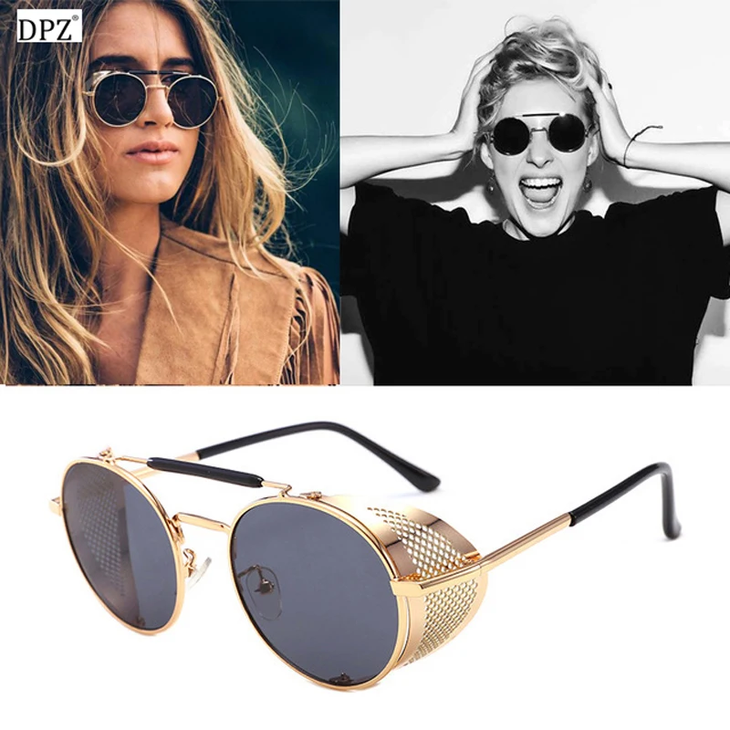 

DPZ Vintage Round Metal Sunglasses SteamPunk Style Side Net Brand Designer Glasses Oculos De Sol Shades UV400