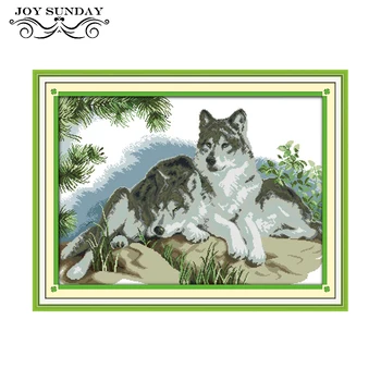 

Joy Sunday Printed Cross Stitch Kits 11ct 14ct A Wolves Couple Crosstitch Kits DIY Handwork Counted Embroidery Needlework Sets