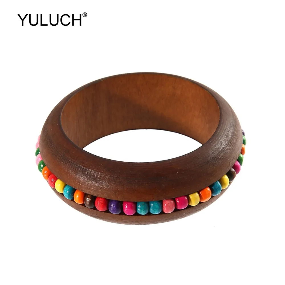 

YULUCH 2019 Fashion Brown Wooden Bangles Plastic Beads Setting Bohemian Ethnic 7 Colors Bracelets For Women Girls Wedding Party