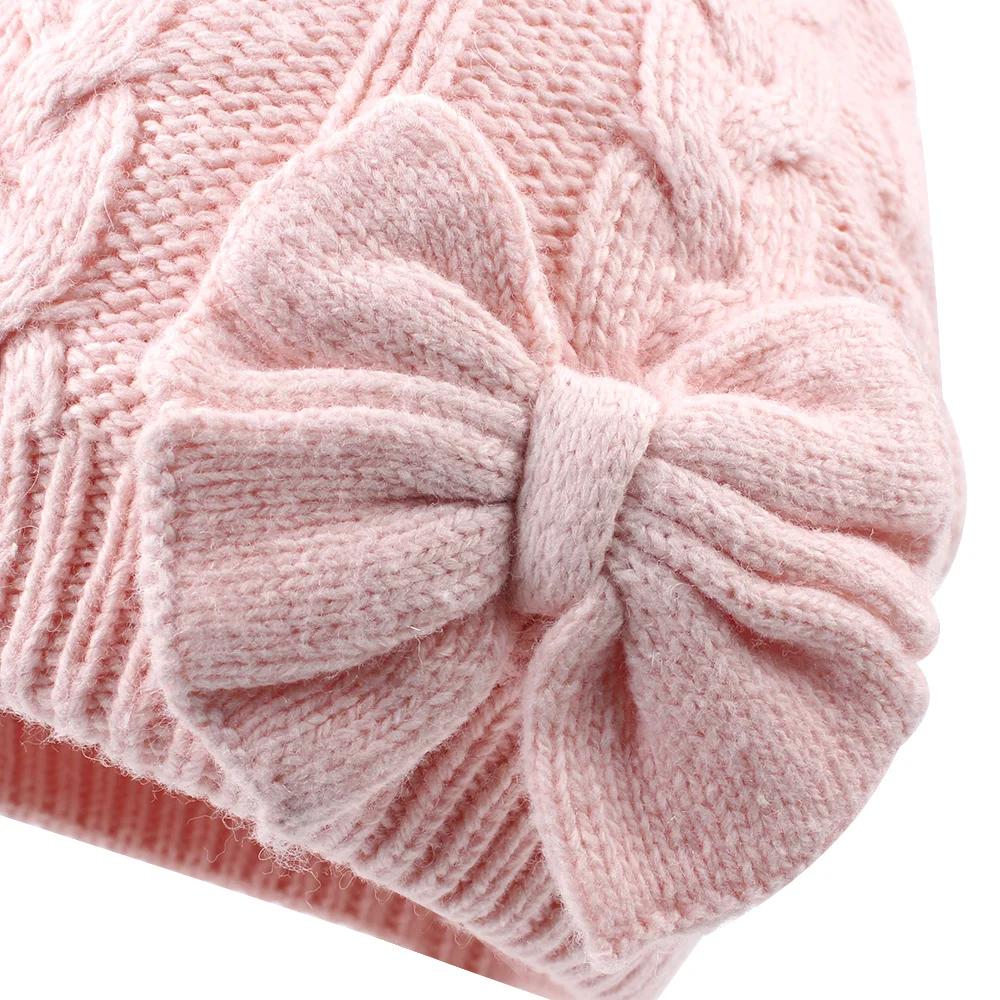 Cute Bow Baby Girls Hat Winter Warm Knitted Baby Hat for Girls Cotton Lined Infant Toddler Hat Autumn Baby Girls Clothing 2M-3Y (9)