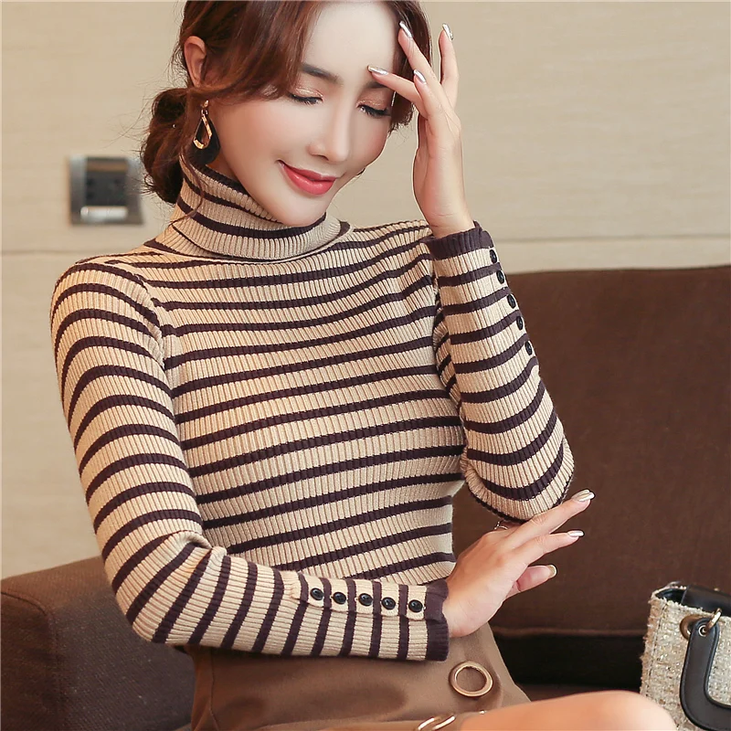 Корейский новый полосатый свитер Для женщин Водолазка приталенные пуловеры
