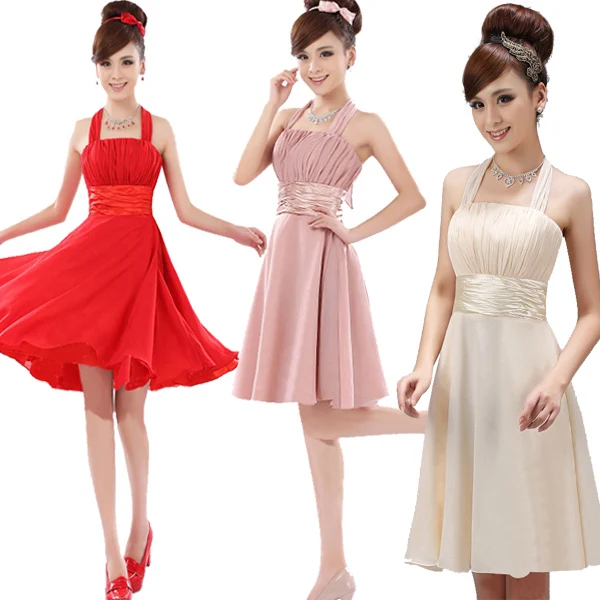 Free Shipping Modest Chiffon Bridesmaid Dress Short Halter Knee Length