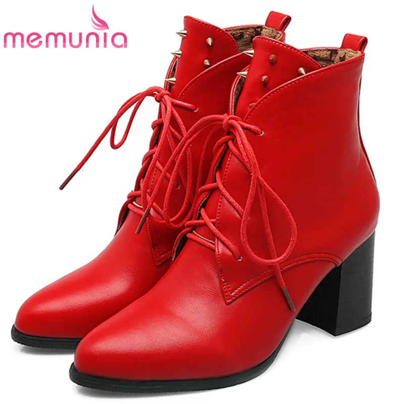 

MEMUNIA Lace-up pointed toe high heels boots female PU soft leather rivets solid ankle boots for women fashion boots autumn