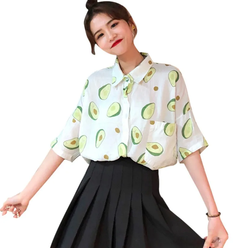 

2019 Summer Top Women's Fresh Style Avocado Print Turn-down Collar Casual Short Sleeve Loose Blouse
