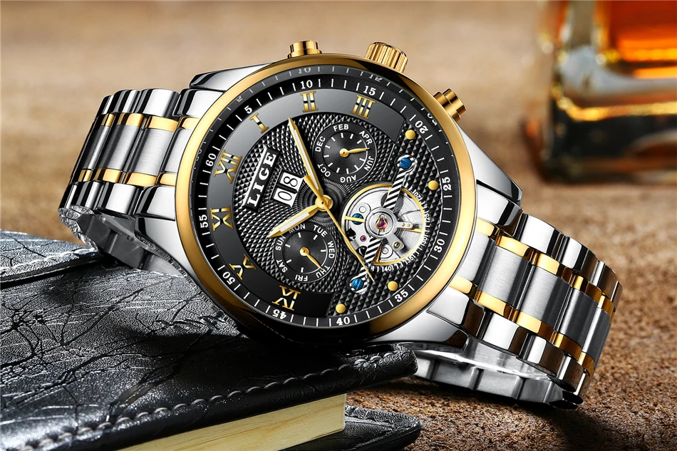 LIGE Fashion Sports Watch Men Business Leather Clock Mens Watches Top Brand Luxury Automatic Mechanical Watch Relogio Masculino