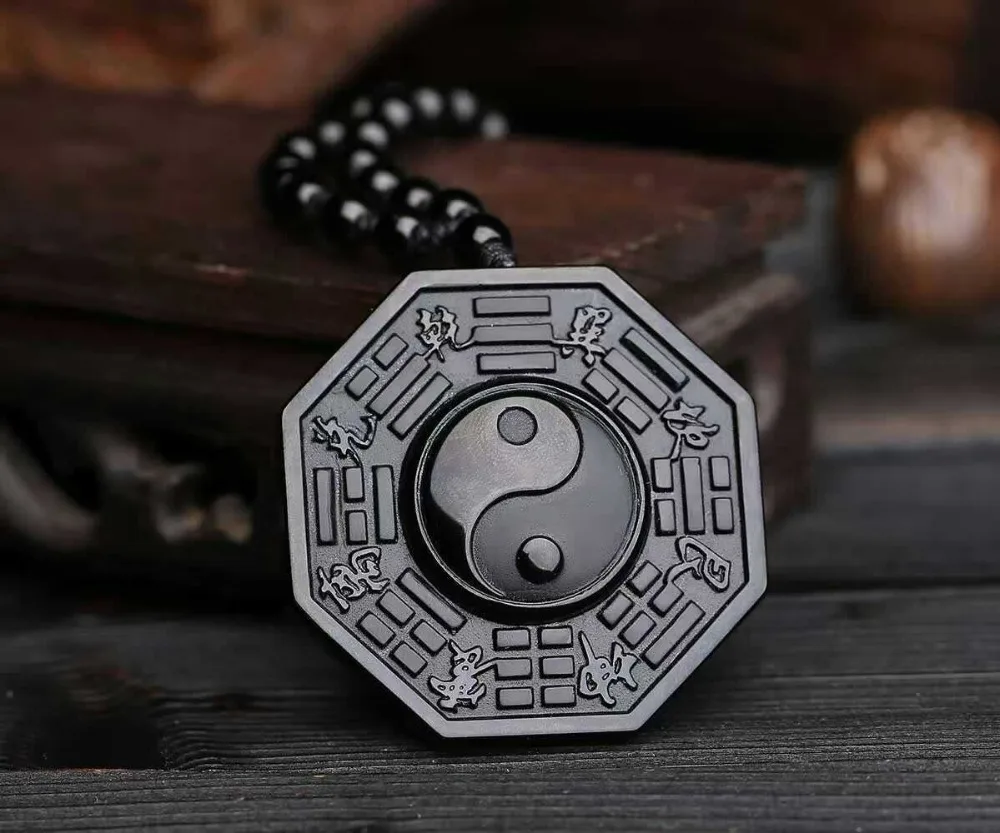 

100% Natural Black Obsidian Carved Chinese Faced BaGua Lucky Amulet Pendant + Free Necklace Fashion Crystal Fashion Jewelry