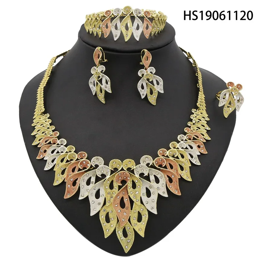 

Yulaili Elegant Wedding Jewelry Sets Bridal Jewelry Tricolor Leaf Shape Crystal Gold-color Necklaces Earrings Ring Set for Women