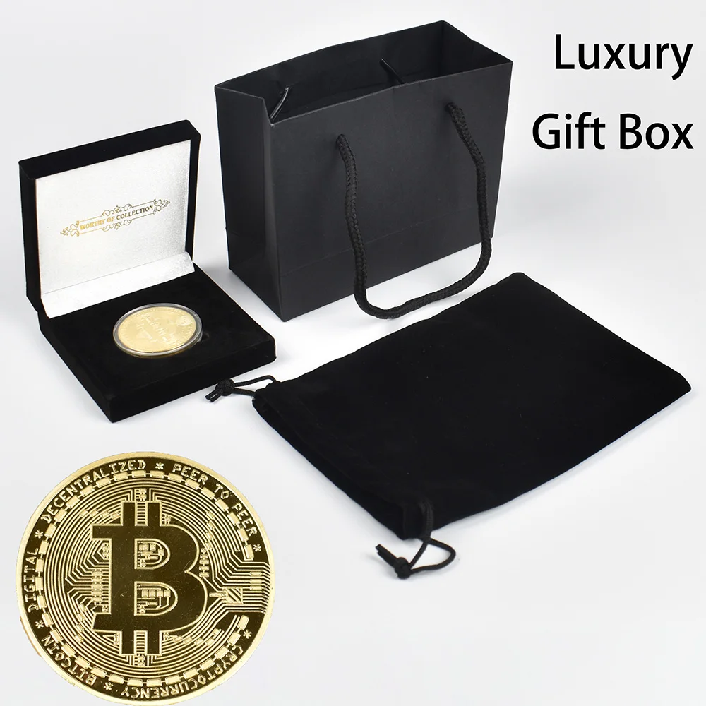 

Gold Plated Bitcoin Coin with Luxury Gift Box and Handbag Packaging Metal Commemoration Coin