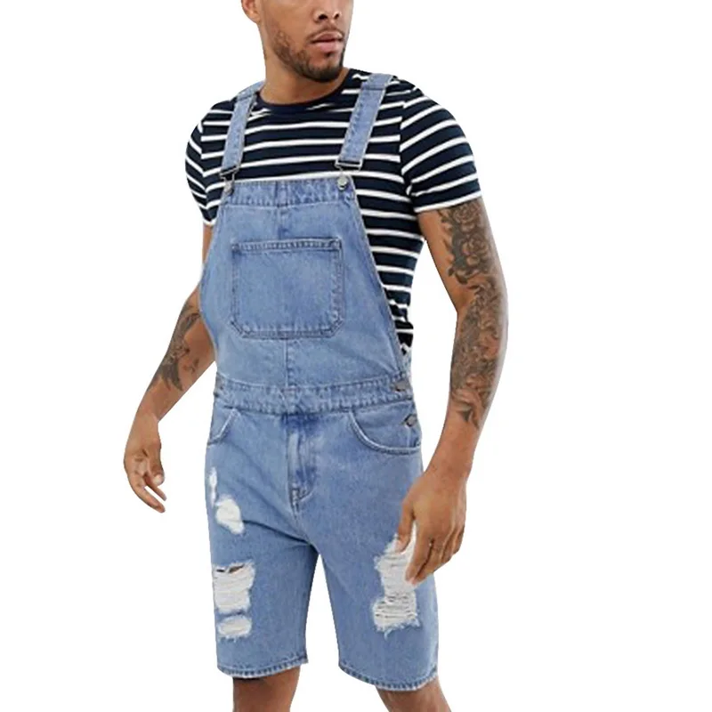 

MoneRffi Summer Fashion Men Ripped Jeans Jumpsuits Shorts Street Style Distressed Denim Bib Overalls Mens Casual Suspender Pant