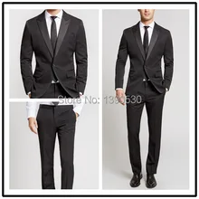 Одежда высшего качества шерсть Черный Пик нагрудные с черный сатин Две кнопки Двухместный Vent черный свадебный смокинг