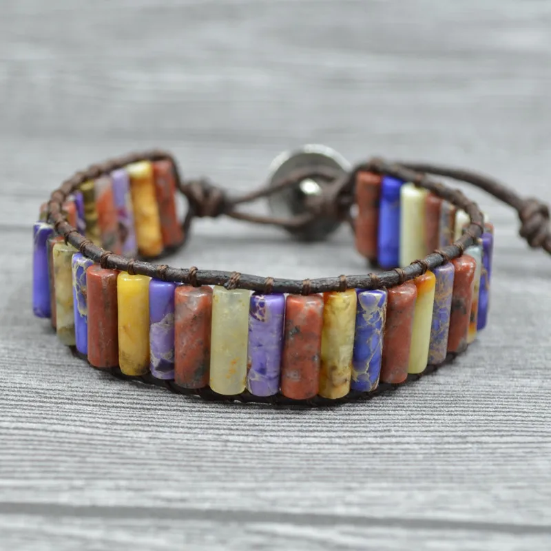 

Retro Tube Shape Natural Stones Jaspers Agates Braided Handmade Bracelet Single Leather Wrap Bracelets Bohemian Jewelry Womens