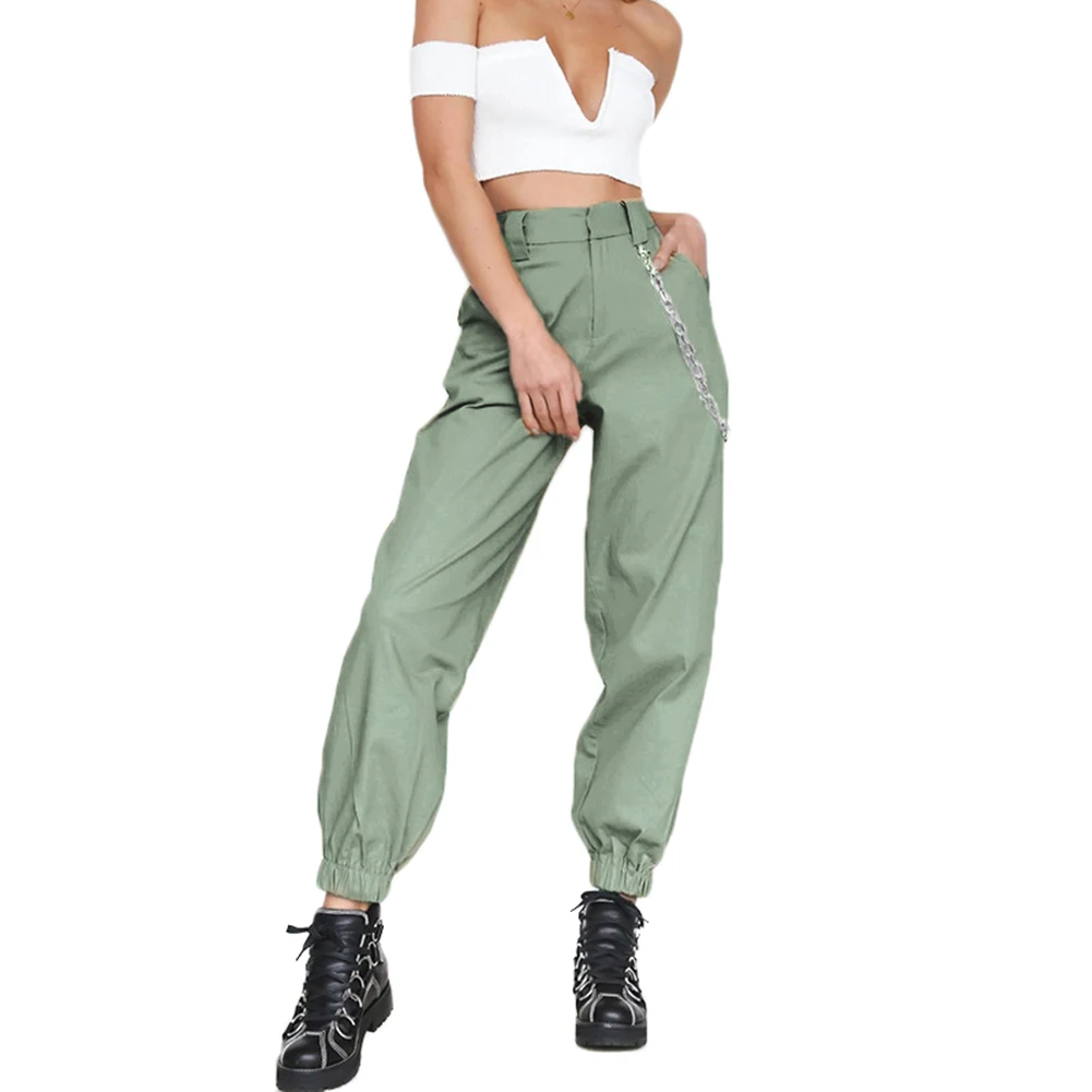 Высокие уличные стильные однотонные брюки-карго с цепочкой, новая мода, женские брюки с высокой талией, свободные черные брюки длиной до щиколотки - Цвет: Зеленый
