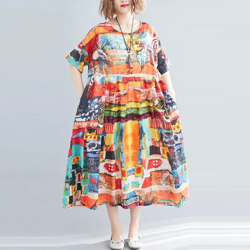 

F&je Plus Size Women Dress Summer Loose Batwing Sleeve Long Dress Cotton Female Vintage Print Dresses Large Lady Vestidos Y927