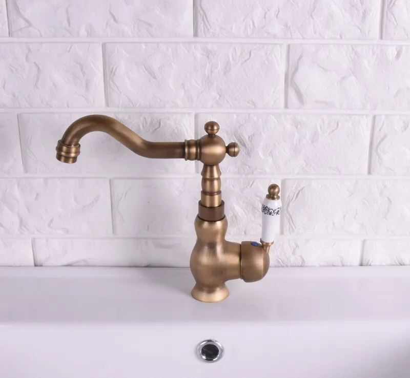 Vintage Antique Brass Single Ceramic Lever Handle Swivel Spout Bathroom Basin Kitchen Sink Faucet Cold & Hot Mixer Tap asf120