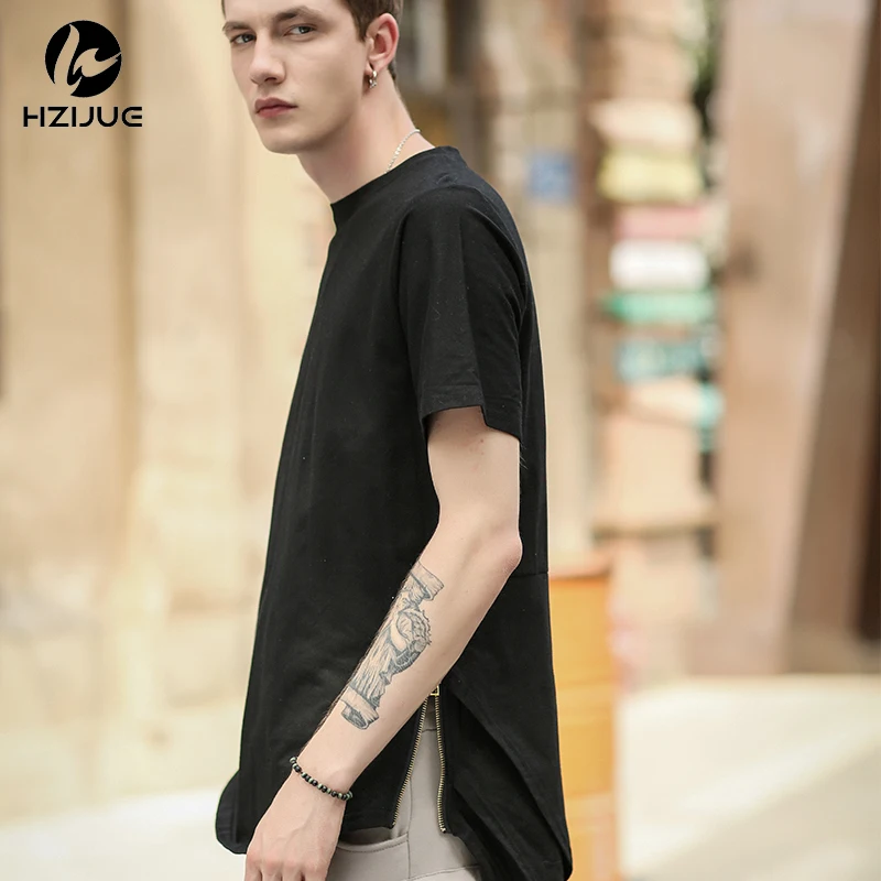 

HZIJUE Justin Bieber Extended T shirt Mens Fishtail Multi Fold Curved Hem Side Zipper Short Sleeve Longline T shirts Hip KANYE