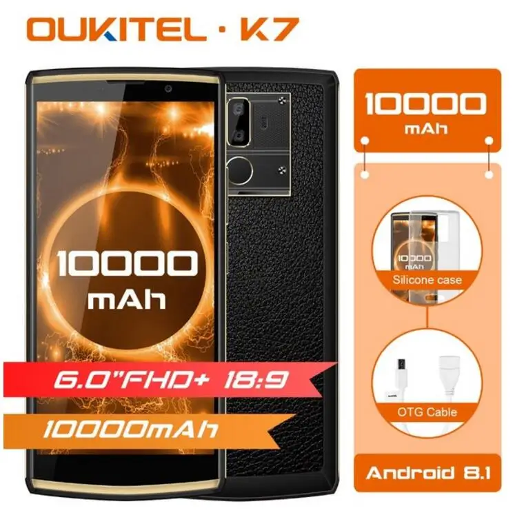 OUKITEL K7 6,0 "FHD + 18:9 Экран MT6750T Octa Core мобильный телефон 4 ГБ + 64 ГБ Android 8,1 OTG 10000 мАч 13MP двойной Cam отпечатков пальцев телефон