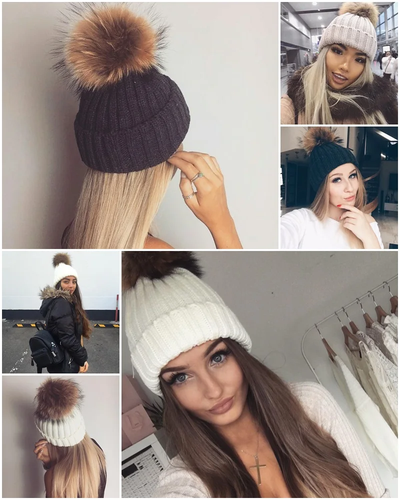 Женская теплая шапка-чулок с помпоном Simplee, Лыжная шапочка со съемным меховым помпоном, теплая женская шапка на осень и зиму